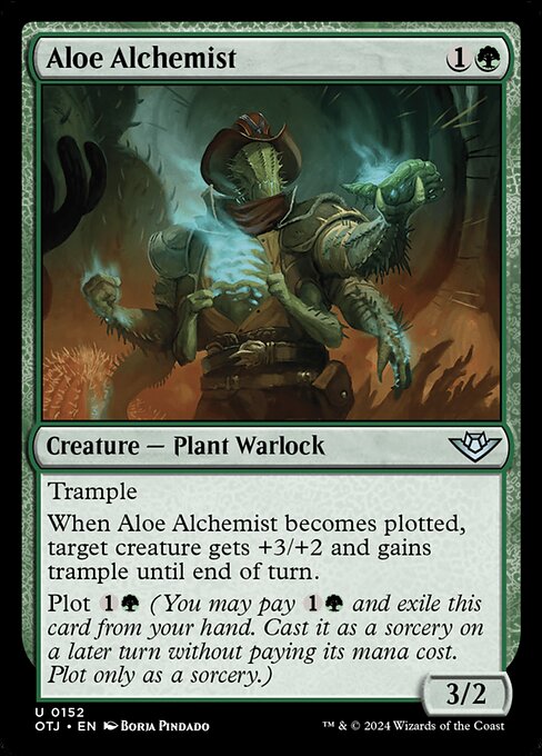 Trample
When Aloe Alchemist becomes plotted, target creature gets +3/+2 and gains trample until end of turn.
Plot {1}{G} (You may pay {1}{G} and exile this card from your hand. Cast it as a sorcery on a later turn without paying its mana cost. Plot only as a sorcery.)