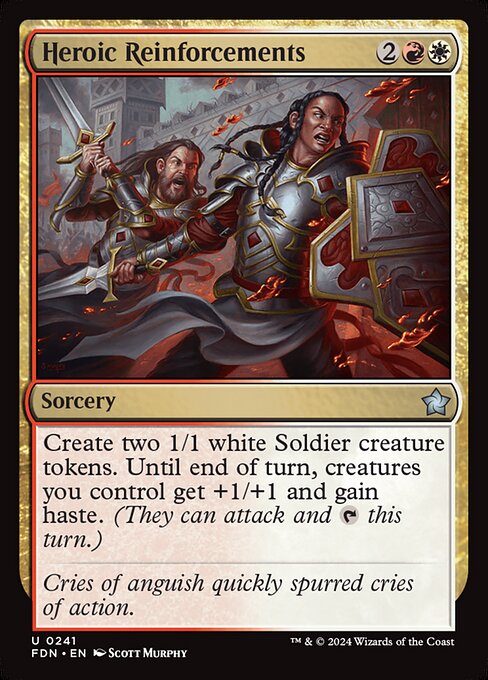 Create two 1/1 white Soldier creature tokens. Until end of turn, creatures you control get +1/+1 and gain haste. (They can attack and {T} this turn.)
