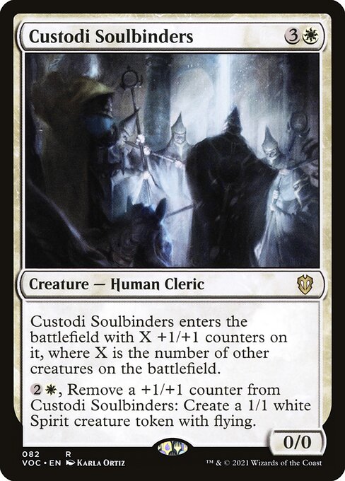 Custodi Soulbinders enters the battlefield with X +1/+1 counters on it, where X is the number of other creatures on the battlefield.
{2}{W}, Remove a +1/+1 counter from Custodi Soulbinders: Create a 1/1 white Spirit creature token with flying.