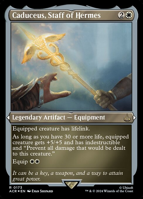 Equipped creature has lifelink.
As long as you have 30 or more life, equipped creature gets +5/+5 and has indestructible and "Prevent all damage that would be dealt to this creature."
Equip {W}{W}