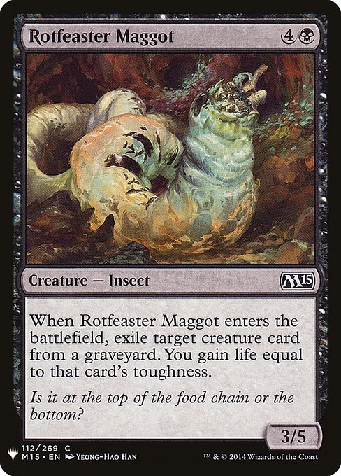 When Rotfeaster Maggot enters the battlefield, exile target creature card from a graveyard. You gain life equal to that card's toughness.