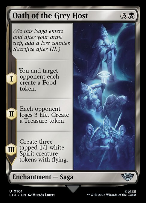 (As this Saga enters and after your draw step, add a lore counter. Sacrifice after III.)
I — You and target opponent each create a Food token.
II — Each opponent loses 3 life. Create a Treasure token.
III — Create three tapped 1/1 white Spirit creature tokens with flying.