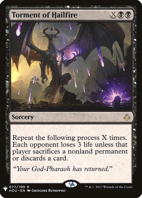 Repeat the following process X times. Each opponent loses 3 life unless that player sacrifices a nonland permanent or discards a card.