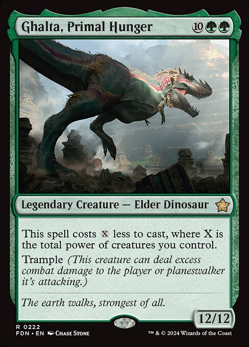 This spell costs {X} less to cast, where X is the total power of creatures you control.
Trample (This creature can deal excess combat damage to the player or planeswalker it's attacking.)