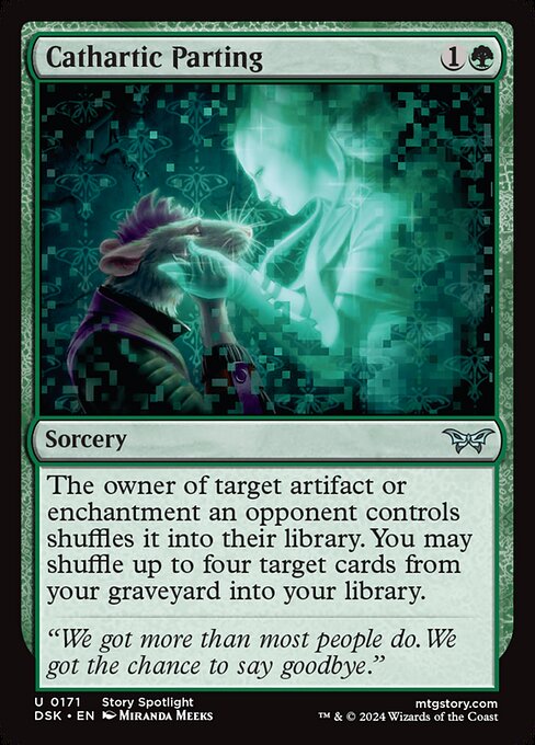 The owner of target artifact or enchantment an opponent controls shuffles it into their library. You may shuffle up to four target cards from your graveyard into your library.