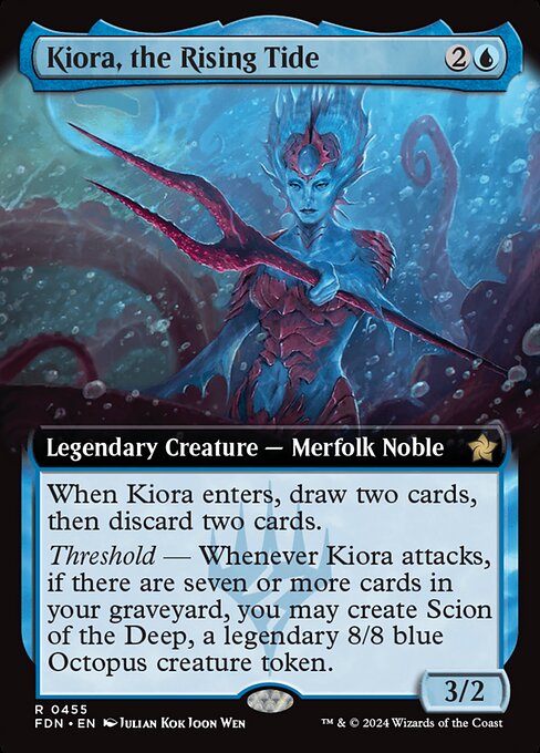 When Kiora enters, draw two cards, then discard two cards.
Threshold — Whenever Kiora attacks, if there are seven or more cards in your graveyard, you may create Scion of the Deep, a legendary 8/8 blue Octopus creature token.