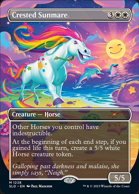 Other Horses you control have indestructible.
At the beginning of each end step, if you gained life this turn, create a 5/5 white Horse creature token.