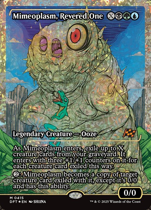 As Mimeoplasm enters, exile up to X creature cards from your graveyard. It enters with three +1/+1 counters on it for each creature card exiled this way.
{2}: Mimeoplasm becomes a copy of target creature card exiled with it, except it's 0/0 and has this ability.