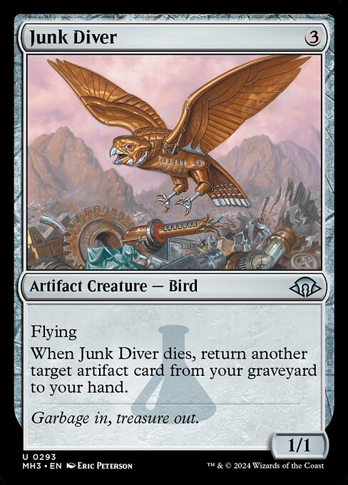 Flying
When Junk Diver dies, return another target artifact card from your graveyard to your hand.