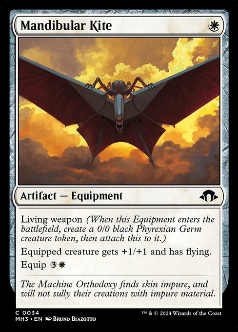 Living weapon (When this Equipment enters the battlefield, create a 0/0 black Phyrexian Germ creature token, then attach this to it.)
Equipped creature gets +1/+1 and has flying.
Equip {3}{W}