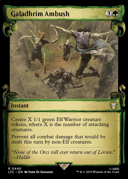 Create X 1/1 green Elf Warrior creature tokens, where X is the number of attacking creatures.
Prevent all combat damage that would be dealt this turn by non-Elf creatures.