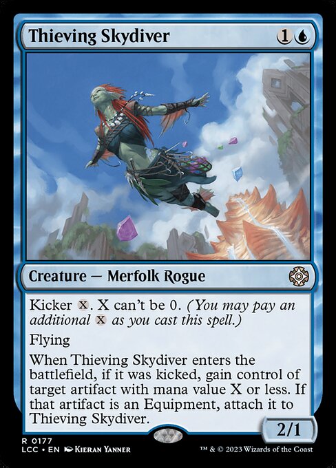 Kicker {X}. X can't be 0. (You may pay an additional {X} as you cast this spell.)
Flying
When this creature enters, if it was kicked, gain control of target artifact with mana value X or less. If that artifact is an Equipment, attach it to this creature.