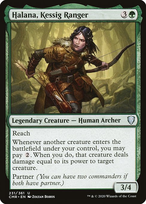 Reach
Whenever another creature enters the battlefield under your control, you may pay {2}. When you do, that creature deals damage equal to its power to target creature.
Partner (You can have two commanders if both have partner.)