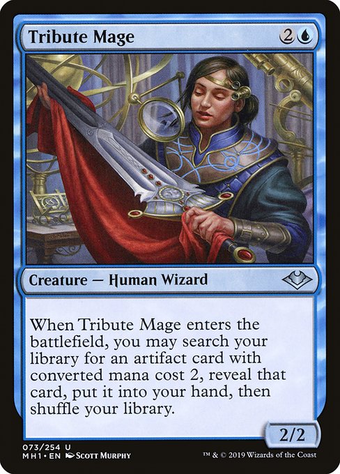 When Tribute Mage enters the battlefield, you may search your library for an artifact card with mana value 2, reveal that card, put it into your hand, then shuffle.
