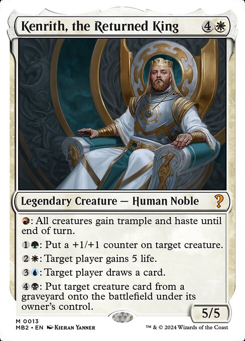 {R}: All creatures gain trample and haste until end of turn.
{1}{G}: Put a +1/+1 counter on target creature.
{2}{W}: Target player gains 5 life.
{3}{U}: Target player draws a card.
{4}{B}: Put target creature card from a graveyard onto the battlefield under its owner's control.