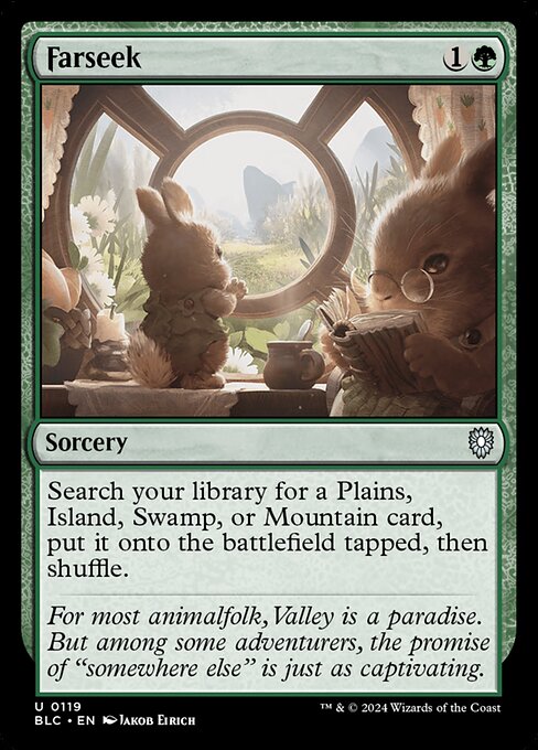 Search your library for a Plains, Island, Swamp, or Mountain card, put it onto the battlefield tapped, then shuffle.