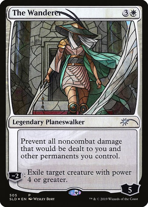 Prevent all noncombat damage that would be dealt to you and other permanents you control.
−2: Exile target creature with power 4 or greater.