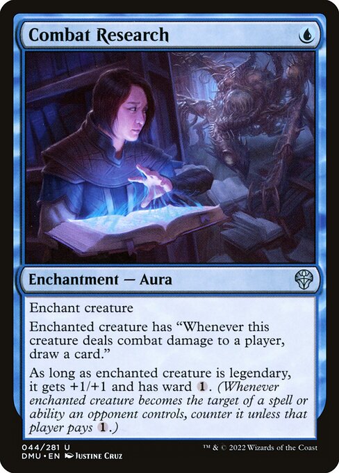 Enchant creature
Enchanted creature has "Whenever this creature deals combat damage to a player, draw a card."
As long as enchanted creature is legendary, it gets +1/+1 and has ward {1}. (Whenever enchanted creature becomes the target of a spell or ability an opponent controls, counter it unless that player pays {1}.)
