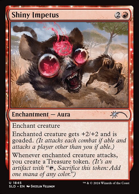 Enchant creature
Enchanted creature gets +2/+2 and is goaded. (It attacks each combat if able and attacks a player other than you if able.)
Whenever enchanted creature attacks, you create a Treasure token. (It's an artifact with "{T}, Sacrifice this artifact: Add one mana of any color.")