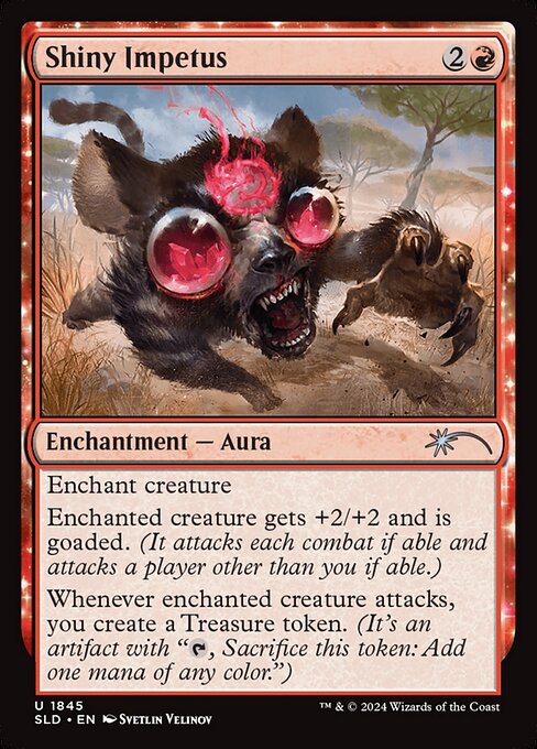 Enchant creature
Enchanted creature gets +2/+2 and is goaded. (It attacks each combat if able and attacks a player other than you if able.)
Whenever enchanted creature attacks, you create a Treasure token. (It's an artifact with "{T}, Sacrifice this token: Add one mana of any color.")