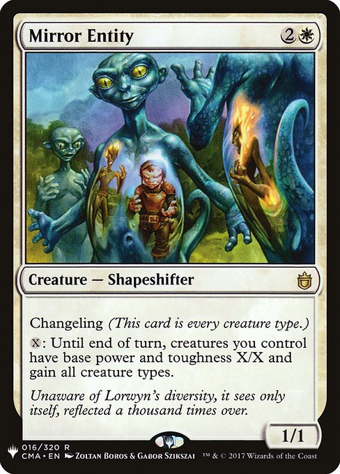Changeling (This card is every creature type.)
{X}: Until end of turn, creatures you control have base power and toughness X/X and gain all creature types.
