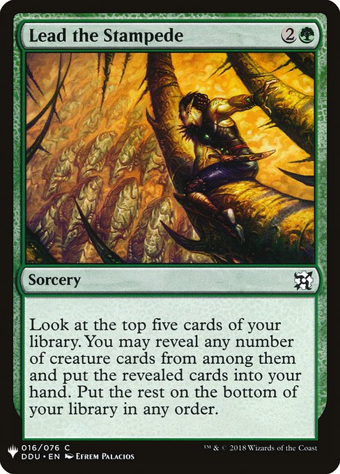 Look at the top five cards of your library. You may reveal any number of creature cards from among them and put the revealed cards into your hand. Put the rest on the bottom of your library in any order.