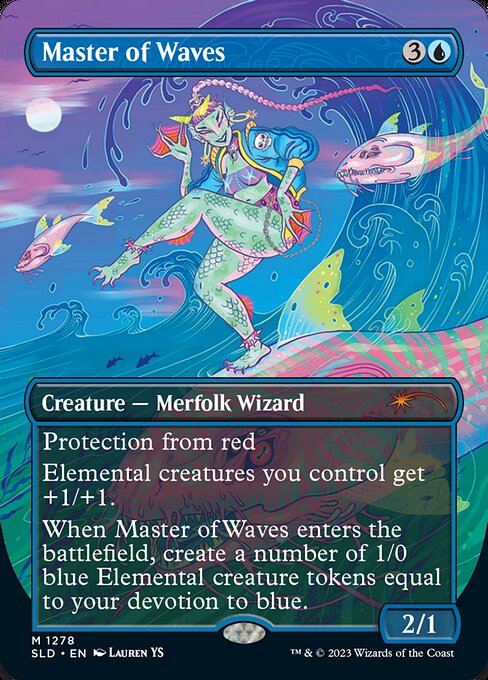 Protection from red
Elemental creatures you control get +1/+1.
When Master of Waves enters the battlefield, create a number of 1/0 blue Elemental creature tokens equal to your devotion to blue. (Each {U} in the mana costs of permanents you control counts toward your devotion to blue.)