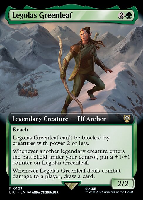Reach
Legolas Greenleaf can't be blocked by creatures with power 2 or less.
Whenever another legendary creature you control enters, put a +1/+1 counter on Legolas Greenleaf.
Whenever Legolas Greenleaf deals combat damage to a player, draw a card.