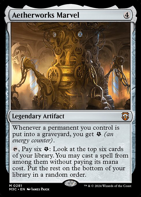 Whenever a permanent you control is put into a graveyard, you get {E} (an energy counter).
{T}, Pay six {E}: Look at the top six cards of your library. You may cast a spell from among them without paying its mana cost. Put the rest on the bottom of your library in a random order.