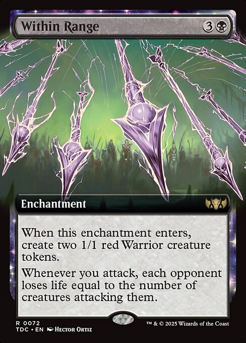 When this enchantment enters, create two 1/1 red Warrior creature tokens.
Whenever you attack, each opponent loses life equal to the number of creatures attacking them.