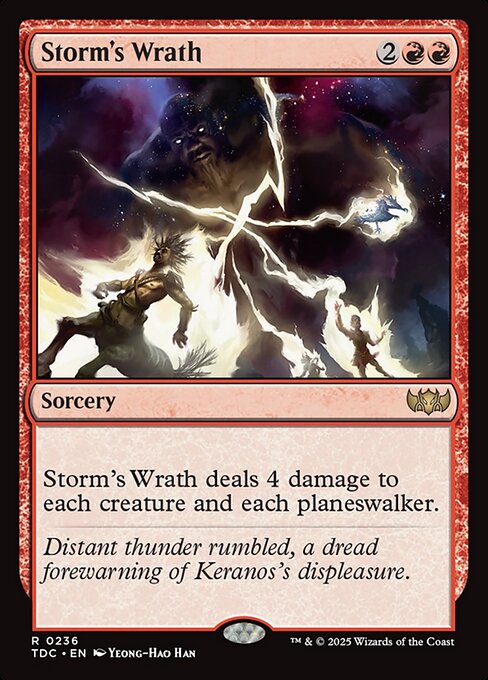 Storm's Wrath deals 4 damage to each creature and each planeswalker.