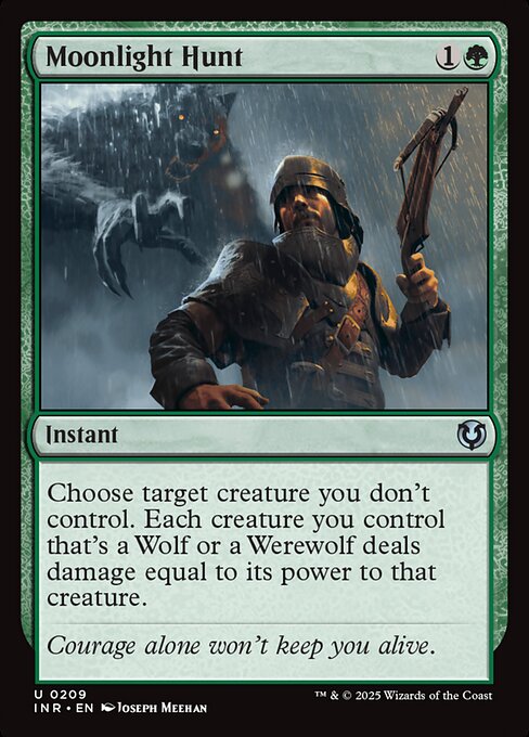 Choose target creature you don't control. Each creature you control that's a Wolf or a Werewolf deals damage equal to its power to that creature.