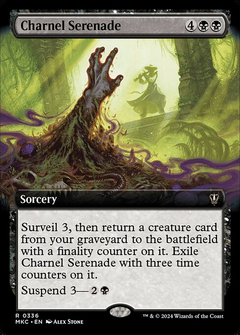 Surveil 3, then return a creature card from your graveyard to the battlefield with a finality counter on it. Exile Charnel Serenade with three time counters on it.
Suspend 3—{2}{B} (Rather than cast this card from your hand, you may pay {2}{B} and exile it with three time counters on it. At the beginning of your upkeep, remove a time counter. When the last is removed, you may cast it without paying its mana cost.)