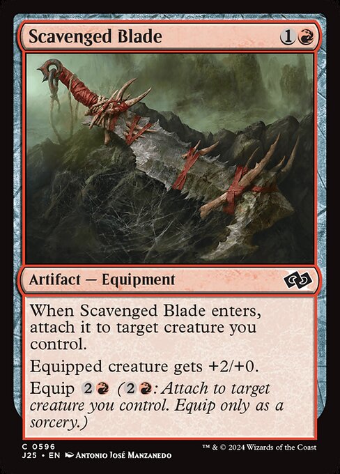 When Scavenged Blade enters, attach it to target creature you control.
Equipped creature gets +2/+0.
Equip {2}{R} ({2}{R}: Attach to target creature you control. Equip only as a sorcery.)