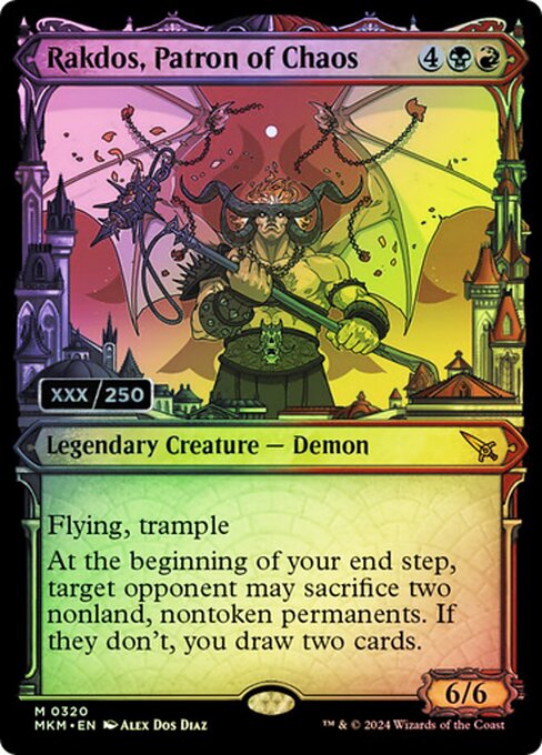 Flying, trample
At the beginning of your end step, target opponent may sacrifice two nonland, nontoken permanents. If they don't, you draw two cards.