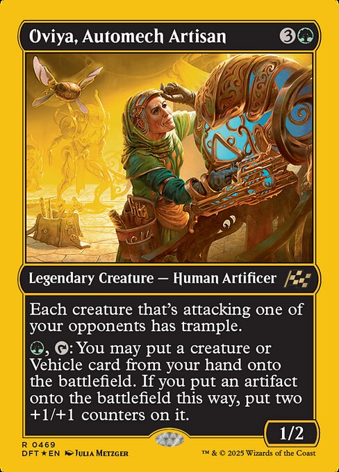 Each creature that's attacking one of your opponents has trample.
{G}, {T}: You may put a creature or Vehicle card from your hand onto the battlefield. If you put an artifact onto the battlefield this way, put two +1/+1 counters on it.