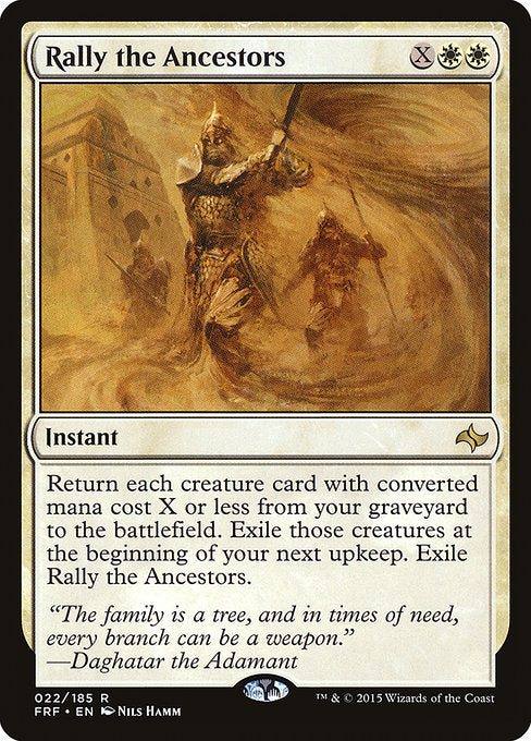 Return each creature card with mana value X or less from your graveyard to the battlefield. Exile those creatures at the beginning of your next upkeep. Exile Rally the Ancestors.