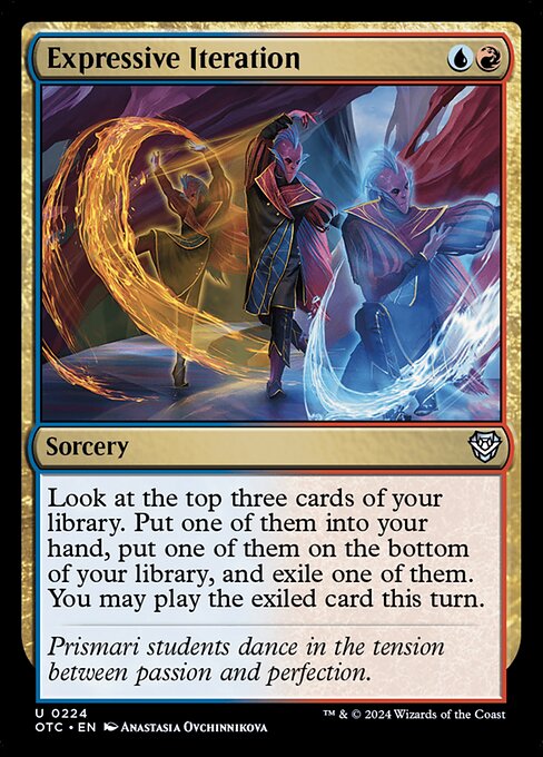 Look at the top three cards of your library. Put one of them into your hand, put one of them on the bottom of your library, and exile one of them. You may play the exiled card this turn.