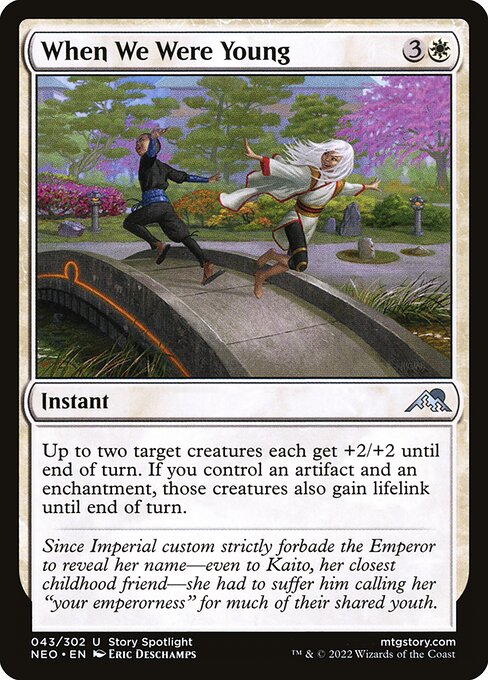 Up to two target creatures each get +2/+2 until end of turn. If you control an artifact and an enchantment, those creatures also gain lifelink until end of turn.
