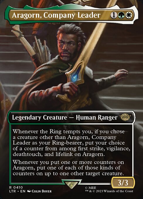 Whenever the Ring tempts you, if you chose a creature other than Aragorn, Company Leader as your Ring-bearer, put your choice of a counter from among first strike, vigilance, deathtouch, and lifelink on Aragorn.
Whenever you put one or more counters on Aragorn, put one of each of those kinds of counters on up to one other target creature.