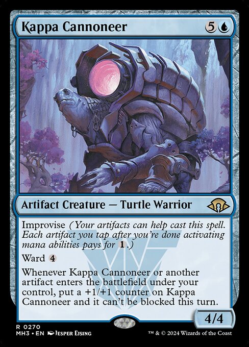 Improvise (Your artifacts can help cast this spell. Each artifact you tap after you're done activating mana abilities pays for {1}.)
Ward {4}
Whenever Kappa Cannoneer or another artifact enters the battlefield under your control, put a +1/+1 counter on Kappa Cannoneer and it can't be blocked this turn.