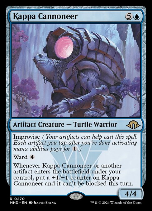 Improvise (Your artifacts can help cast this spell. Each artifact you tap after you're done activating mana abilities pays for {1}.)
Ward {4}
Whenever an artifact enters the battlefield under your control, put a +1/+1 counter on Kappa Cannoneer and it can't be blocked this turn.