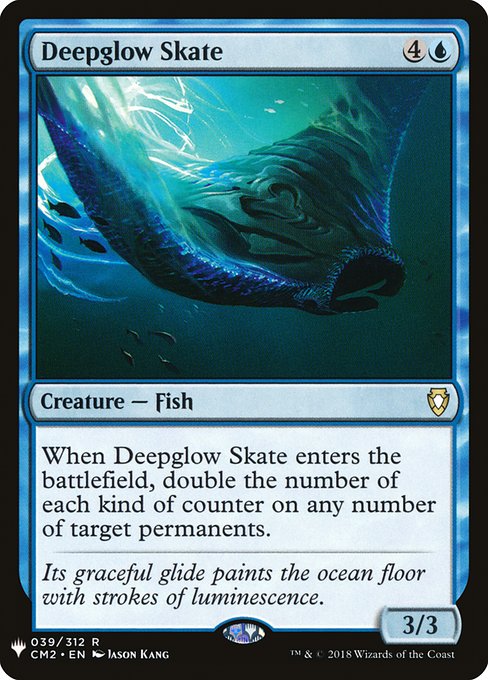 When Deepglow Skate enters the battlefield, double the number of each kind of counter on any number of target permanents.