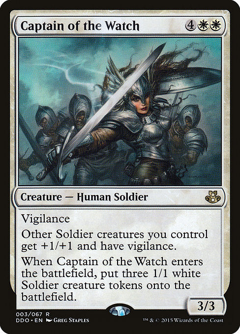 Vigilance (Attacking doesn't cause this creature to tap.)
Other Soldier creatures you control get +1/+1 and have vigilance.
When Captain of the Watch enters the battlefield, create three 1/1 white Soldier creature tokens.