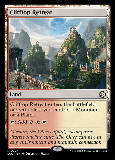This land enters tapped unless you control a Mountain or a Plains.
{T}: Add {R} or {W}.