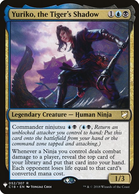 Commander ninjutsu {U}{B} ({U}{B}, Return an unblocked attacker you control to hand: Put this card onto the battlefield from your hand or the command zone tapped and attacking.)
Whenever a Ninja you control deals combat damage to a player, reveal the top card of your library and put that card into your hand. Each opponent loses life equal to that card's mana value.