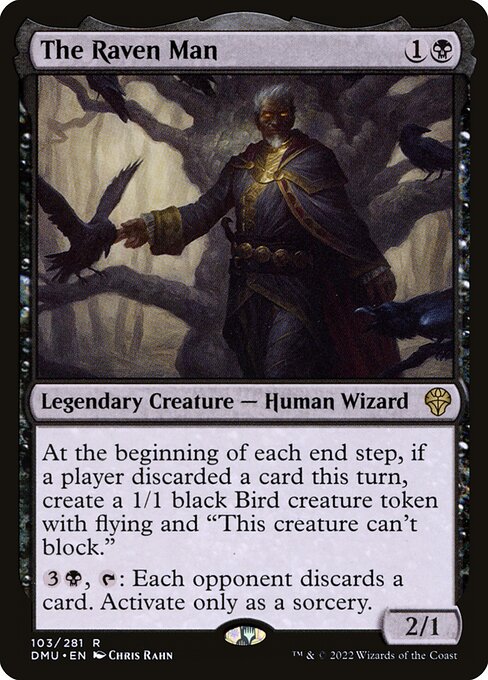 At the beginning of each end step, if a player discarded a card this turn, create a 1/1 black Bird creature token with flying and "This creature can't block."
{3}{B}, {T}: Each opponent discards a card. Activate only as a sorcery.