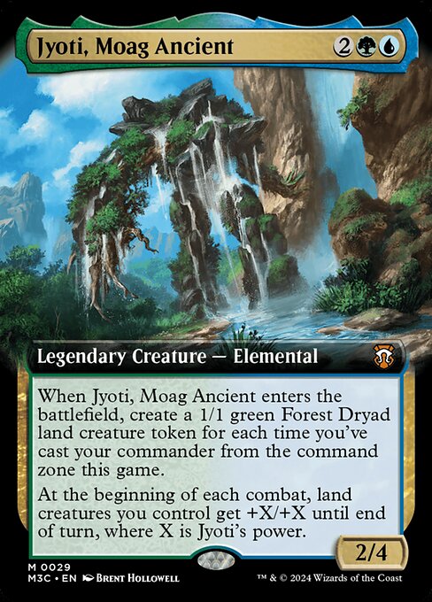 When Jyoti, Moag Ancient enters the battlefield, create a 1/1 green Forest Dryad land creature token for each time you've cast your commander from the command zone this game. (They're affected by summoning sickness.)
At the beginning of each combat, land creatures you control get +X/+X until end of turn, where X is Jyoti's power.