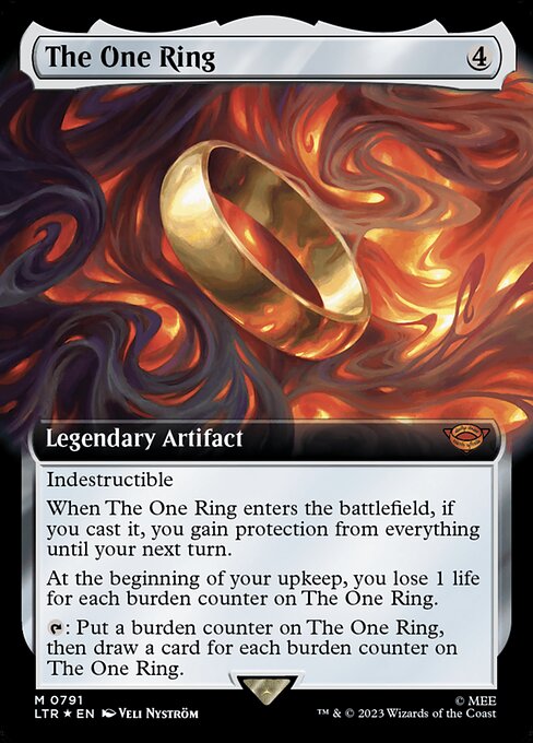 Indestructible
When The One Ring enters the battlefield, if you cast it, you gain protection from everything until your next turn.
At the beginning of your upkeep, you lose 1 life for each burden counter on The One Ring.
{T}: Put a burden counter on The One Ring, then draw a card for each burden counter on The One Ring.