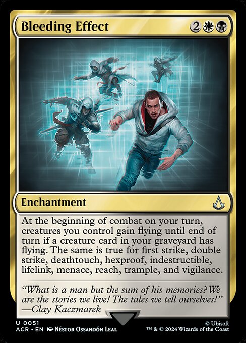 At the beginning of combat on your turn, creatures you control gain flying until end of turn if a creature card in your graveyard has flying. The same is true for first strike, double strike, deathtouch, hexproof, indestructible, lifelink, menace, reach, trample, and vigilance.